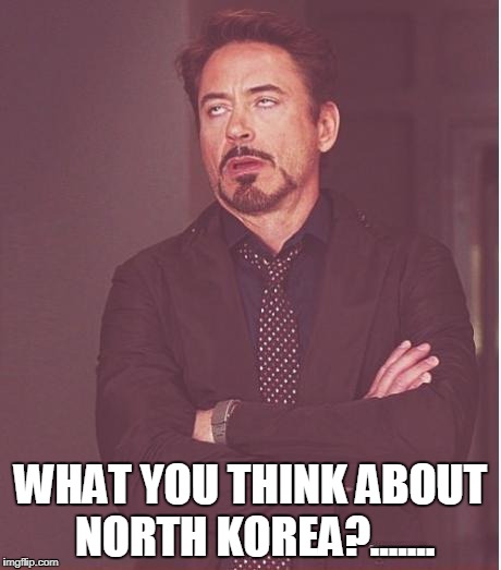 Hey North Korea my small friendo | WHAT YOU THINK ABOUT NORTH KOREA?....... | image tagged in memes,face you make robert downey jr,north korea | made w/ Imgflip meme maker