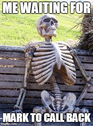 Waiting Skeleton | ME WAITING FOR; MARK TO CALL BACK | image tagged in memes,waiting skeleton | made w/ Imgflip meme maker