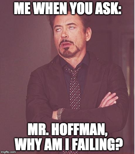 Face You Make Robert Downey Jr Meme | ME WHEN YOU ASK:; MR. HOFFMAN, WHY AM I FAILING? | image tagged in memes,face you make robert downey jr | made w/ Imgflip meme maker