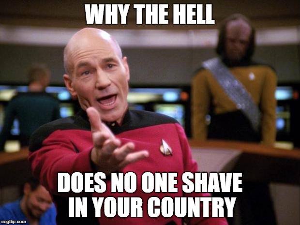 Patrick Stewart "why the hell..." | WHY THE HELL; DOES NO ONE SHAVE IN YOUR COUNTRY | image tagged in patrick stewart why the hell | made w/ Imgflip meme maker