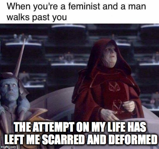 THE ATTEMPT ON MY LIFE HAS LEFT ME SCARRED AND DEFORMED | image tagged in star wars,feminism,politics,hillary clinton,one does not simply | made w/ Imgflip meme maker
