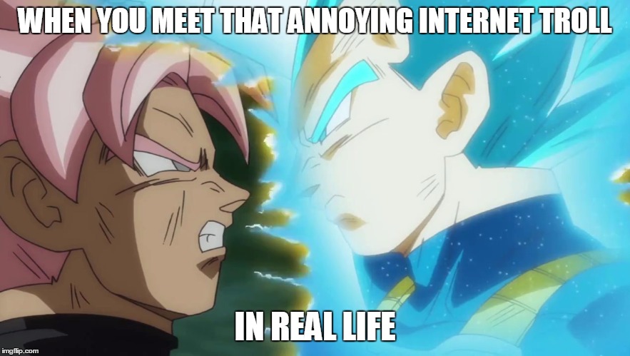 Well, well, not as tough as you thought? Are ya!? | WHEN YOU MEET THAT ANNOYING INTERNET TROLL; IN REAL LIFE | image tagged in memes,vegeta and goku black,troll,dragon ball super,dbs,db super | made w/ Imgflip meme maker