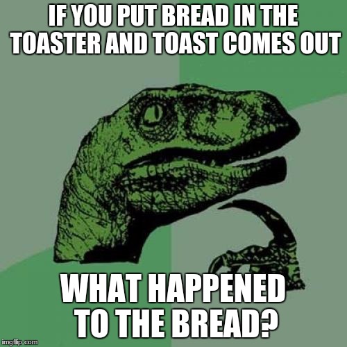 IF YOU PUT BREAD IN THE TOASTER AND TOAST COMES OUT WHAT HAPPENED TO THE BREAD? | image tagged in memes,philosoraptor | made w/ Imgflip meme maker