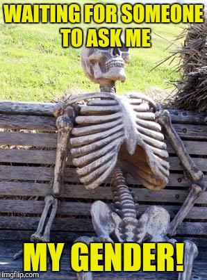 Waiting Skeleton Meme | WAITING FOR SOMEONE TO ASK ME; MY GENDER! | image tagged in memes,waiting skeleton | made w/ Imgflip meme maker