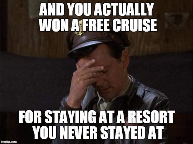 Facepalm Hogan | AND YOU ACTUALLY WON A FREE CRUISE FOR STAYING AT A RESORT YOU NEVER STAYED AT | image tagged in facepalm hogan | made w/ Imgflip meme maker