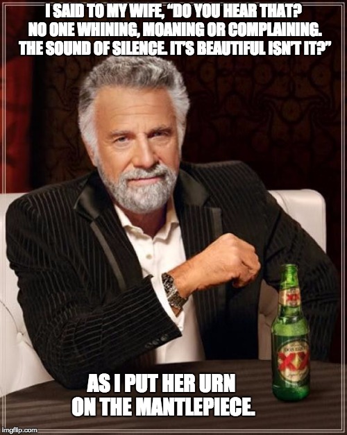 The Most Interesting Man In The World Meme | I SAID TO MY WIFE, “DO YOU HEAR THAT? NO ONE WHINING, MOANING OR COMPLAINING. THE SOUND OF SILENCE. IT’S BEAUTIFUL ISN’T IT?”; AS I PUT HER URN ON THE MANTLEPIECE. | image tagged in memes,the most interesting man in the world | made w/ Imgflip meme maker