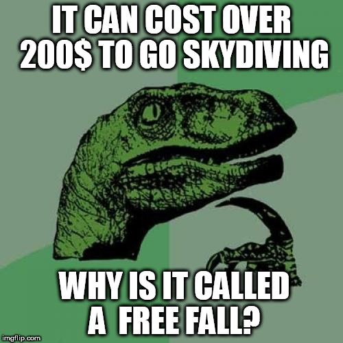 go skydiving  | IT CAN COST OVER 200$ TO GO SKYDIVING; WHY IS IT CALLED A  FREE FALL? | image tagged in memes,philosoraptor,skydiving free fall,cost 200 | made w/ Imgflip meme maker