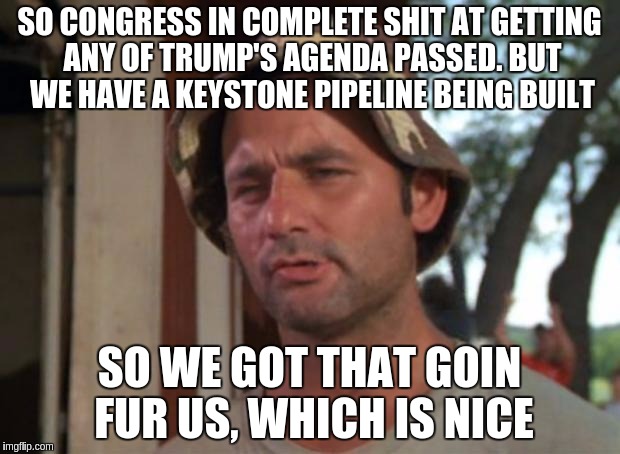 So I Got That Goin For Me Which Is Nice Meme | SO CONGRESS IN COMPLETE SHIT AT GETTING ANY OF TRUMP'S AGENDA PASSED. BUT WE HAVE A KEYSTONE PIPELINE BEING BUILT; SO WE GOT THAT GOIN FUR US, WHICH IS NICE | image tagged in memes,so i got that goin for me which is nice | made w/ Imgflip meme maker
