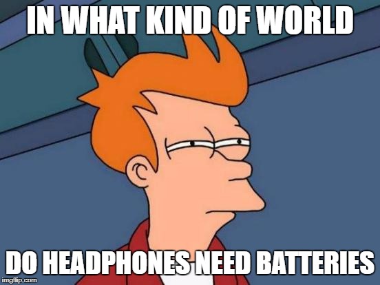 Futurama Fry Meme | IN WHAT KIND OF WORLD DO HEADPHONES NEED BATTERIES | image tagged in memes,futurama fry | made w/ Imgflip meme maker