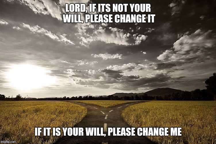 God's will | LORD, IF ITS NOT YOUR WILL, PLEASE CHANGE IT; IF IT IS YOUR WILL, PLEASE CHANGE ME | image tagged in crossroads,god,christianity,faith,change,prayer | made w/ Imgflip meme maker