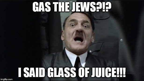 hITLER sHOCKED | GAS THE JEWS?!? I SAID GLASS OF JUICE!!! | image tagged in hitler shocked | made w/ Imgflip meme maker