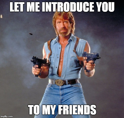 Chuck Norris Guns Meme | LET ME INTRODUCE YOU; TO MY FRIENDS | image tagged in memes,chuck norris guns,chuck norris | made w/ Imgflip meme maker