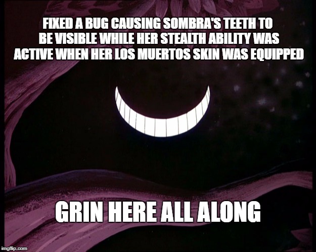 Cheshire Cat Grin | FIXED A BUG CAUSING SOMBRA'S TEETH TO BE VISIBLE WHILE HER STEALTH ABILITY WAS ACTIVE WHEN HER LOS MUERTOS SKIN WAS EQUIPPED; GRIN HERE ALL ALONG | image tagged in cheshire cat grin | made w/ Imgflip meme maker