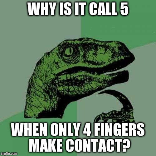 Philosoraptor Meme | WHY IS IT CALL 5 WHEN ONLY 4 FINGERS MAKE CONTACT? | image tagged in memes,philosoraptor | made w/ Imgflip meme maker