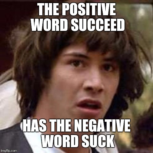 Conspiracy Keanu | THE POSITIVE WORD SUCCEED; HAS THE NEGATIVE WORD SUCK | image tagged in memes,conspiracy keanu | made w/ Imgflip meme maker