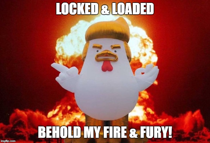 Chicken trump locked & loaded | LOCKED & LOADED; BEHOLD MY FIRE & FURY! | image tagged in trump,chicken | made w/ Imgflip meme maker