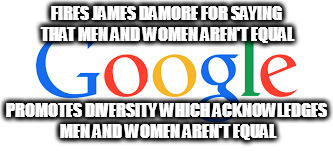 FIRES JAMES DAMORE FOR SAYING THAT MEN AND WOMEN AREN'T EQUAL; PROMOTES DIVERSITY WHICH ACKNOWLEDGES MEN AND WOMEN AREN'T EQUAL | image tagged in google james damore diversity men man women woman equality | made w/ Imgflip meme maker