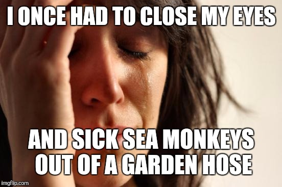 First World Problems Meme | I ONCE HAD TO CLOSE MY EYES AND SICK SEA MONKEYS OUT OF A GARDEN HOSE | image tagged in memes,first world problems | made w/ Imgflip meme maker