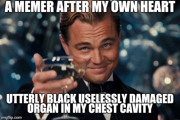Leonardo Dicaprio Cheers Meme | A MEMER AFTER MY OWN HEART UTTERLY BLACK USELESSLY DAMAGED ORGAN IN MY CHEST CAVITY | image tagged in memes,leonardo dicaprio cheers | made w/ Imgflip meme maker