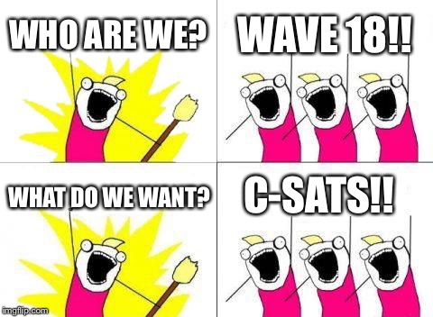 What Do We Want Meme | WHO ARE WE? WAVE 18!! C-SATS!! WHAT DO WE WANT? | image tagged in memes,what do we want | made w/ Imgflip meme maker