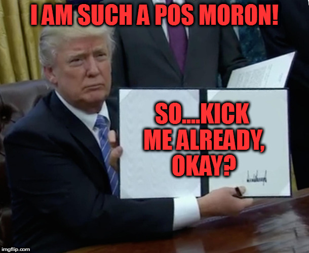 Trump Bill Signing Meme | I AM SUCH A POS MORON! SO....KICK ME ALREADY, OKAY? | image tagged in trump bill signing | made w/ Imgflip meme maker