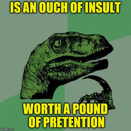 Philosoraptor Meme | IS AN OUCH OF INSULT WORTH A POUND OF PRETENTION | image tagged in memes,philosoraptor | made w/ Imgflip meme maker