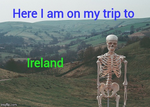 Just flew in from Europe and boy are my arms tired | Here I am on my trip to; Ireland | image tagged in skeleton vacation,boring,photos,europe | made w/ Imgflip meme maker