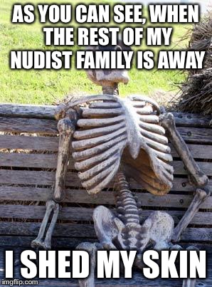 WARNING: This may sound painful and horrifying | AS YOU CAN SEE, WHEN THE REST OF MY NUDIST FAMILY IS AWAY; I SHED MY SKIN | image tagged in memes,waiting skeleton | made w/ Imgflip meme maker