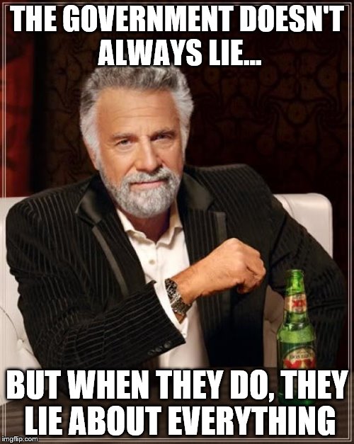 The Most Interesting Man In The World Meme | THE GOVERNMENT DOESN'T ALWAYS LIE... BUT WHEN THEY DO, THEY LIE ABOUT EVERYTHING | image tagged in memes,the most interesting man in the world | made w/ Imgflip meme maker
