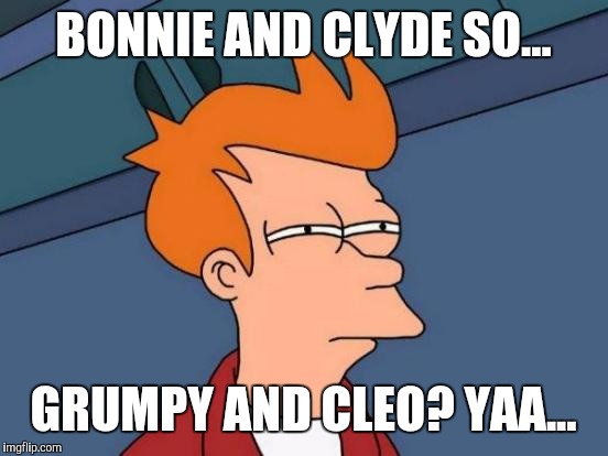 Futurama Fry Meme | BONNIE AND CLYDE SO... GRUMPY AND CLEO? YAA... | image tagged in memes,futurama fry | made w/ Imgflip meme maker