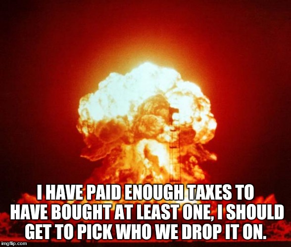 Nuke | I HAVE PAID ENOUGH TAXES TO HAVE BOUGHT AT LEAST ONE, I SHOULD GET TO PICK WHO WE DROP IT ON. | image tagged in nuke | made w/ Imgflip meme maker