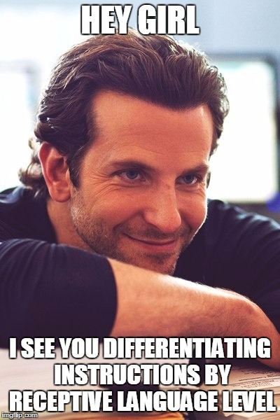 Bradley Cooper | HEY GIRL; I SEE YOU DIFFERENTIATING INSTRUCTIONS BY RECEPTIVE LANGUAGE LEVEL | image tagged in bradley cooper | made w/ Imgflip meme maker