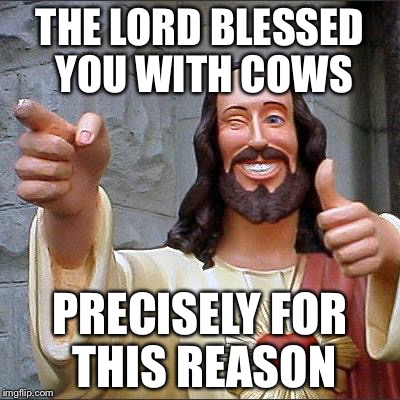 Jesus | THE LORD BLESSED YOU WITH COWS PRECISELY FOR THIS REASON | image tagged in jesus | made w/ Imgflip meme maker