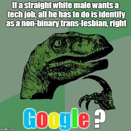 If you want to work the system... | If a straight white male wants a tech job, all he has to do is identify as a non-binary trans-lesbian, right; o; G; l; Google ? o; g; e | image tagged in memes,philosoraptor,google,identify | made w/ Imgflip meme maker