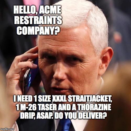 XXXL Straitjacket | HELLO, ACME RESTRAINTS COMPANY? I NEED 1 SIZE XXXL STRAITJACKET, 1 M-26 TASER AND A THORAZINE DRIP, ASAP. DO YOU DELIVER? | image tagged in straitjacket,mike pence,25th amendment,bobcrespocom,size xxxl | made w/ Imgflip meme maker