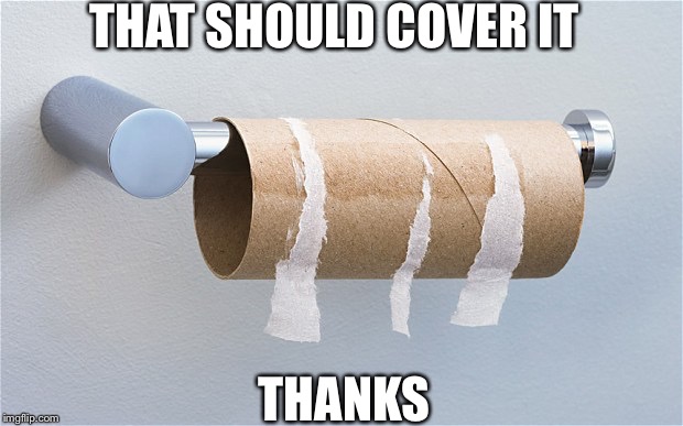 Empty toilet paper roll | THAT SHOULD COVER IT; THANKS | image tagged in empty toilet paper roll | made w/ Imgflip meme maker