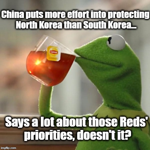 But That's None Of My Business Meme | China puts more effort into protecting North Korea than South Korea... Says a lot about those Reds' priorities, doesn't it? | image tagged in memes,but thats none of my business,kermit the frog,china,politics,north korea | made w/ Imgflip meme maker