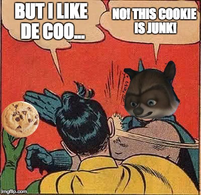 Batman Slapping Robin | BUT I LIKE DE COO... NO! THIS COOKIE IS JUNK! | image tagged in memes,batman slapping robin | made w/ Imgflip meme maker