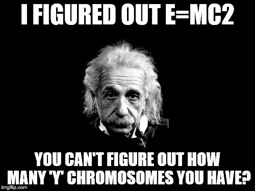 Albert Einstein 1 Meme | I FIGURED OUT E=MC2; YOU CAN'T FIGURE OUT HOW MANY 'Y' CHROMOSOMES YOU HAVE? | image tagged in memes,albert einstein 1 | made w/ Imgflip meme maker