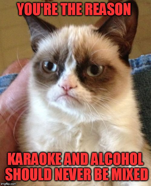 Grumpy Cat | YOU'RE THE REASON; KARAOKE AND ALCOHOL SHOULD NEVER BE MIXED | image tagged in memes,grumpy cat | made w/ Imgflip meme maker