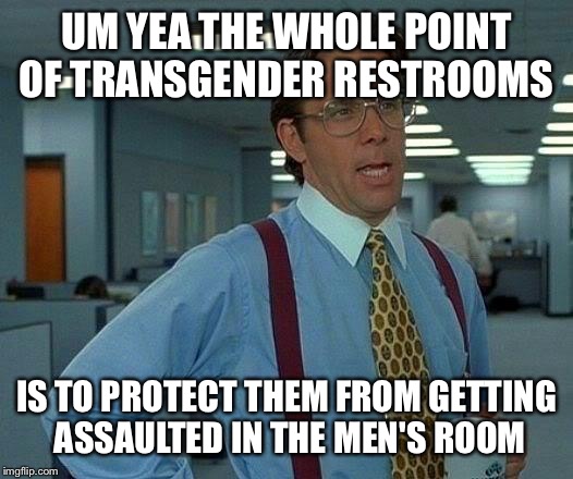 That Would Be Great Meme | UM YEA THE WHOLE POINT OF TRANSGENDER RESTROOMS IS TO PROTECT THEM FROM GETTING ASSAULTED IN THE MEN'S ROOM | image tagged in memes,that would be great | made w/ Imgflip meme maker