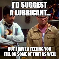 I'D SUGGEST A LUBRICANT... BUT I HAVE A FEELING YOU FELL ON SOME OF THAT AS WELL | image tagged in leonard hofstader,lol | made w/ Imgflip meme maker