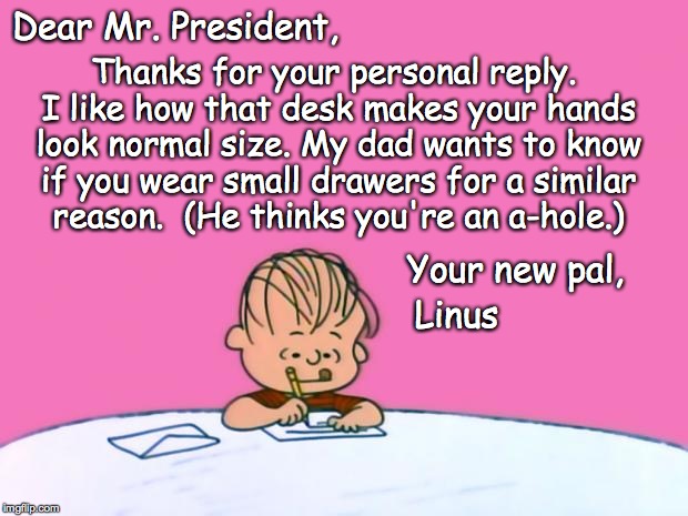 Your new pal | Dear Mr. President, Thanks for your personal reply. I like how that desk makes your hands look normal size. My dad wants to know if you wear small drawers for a similar reason.  (He thinks you're an a-hole.); Your new pal, Linus | image tagged in memes,trump,linus,from the desk of linus | made w/ Imgflip meme maker