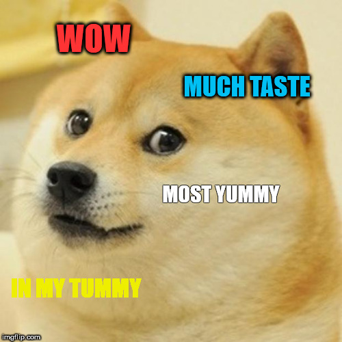Doge Meme | WOW; MUCH TASTE; MOST YUMMY; IN MY TUMMY | image tagged in memes,doge | made w/ Imgflip meme maker
