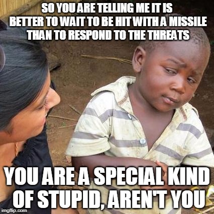 Third World Skeptical Kid Meme | SO YOU ARE TELLING ME IT IS BETTER TO WAIT TO BE HIT WITH A MISSILE THAN TO RESPOND TO THE THREATS YOU ARE A SPECIAL KIND OF STUPID, AREN'T  | image tagged in memes,third world skeptical kid | made w/ Imgflip meme maker