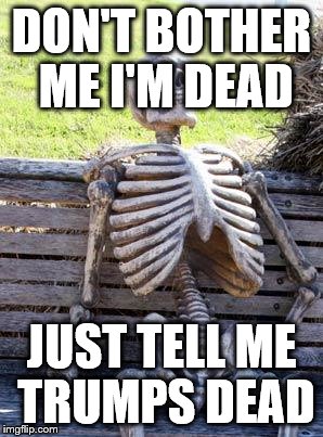 Waiting Skeleton Meme | DON'T BOTHER ME I'M DEAD; JUST TELL ME TRUMPS DEAD | image tagged in memes,waiting skeleton | made w/ Imgflip meme maker