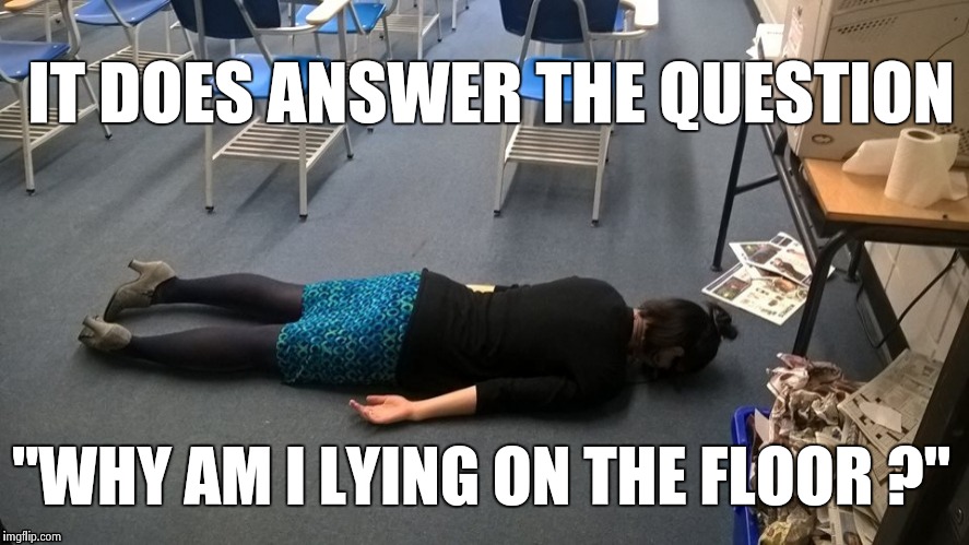 Please make it stop | IT DOES ANSWER THE QUESTION "WHY AM I LYING ON THE FLOOR ?" | image tagged in please make it stop | made w/ Imgflip meme maker