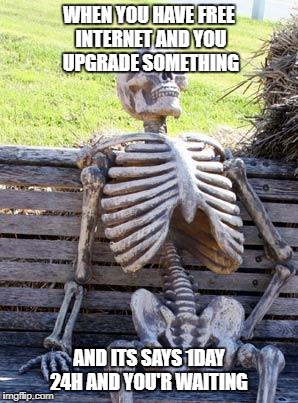 Waiting Skeleton Meme | WHEN YOU HAVE FREE INTERNET AND YOU UPGRADE SOMETHING; AND ITS SAYS 1DAY 24H AND YOU'R WAITING | image tagged in memes,waiting skeleton | made w/ Imgflip meme maker