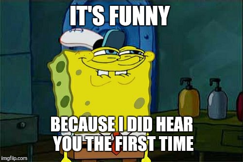 Don't You Squidward Meme | IT'S FUNNY BECAUSE I DID HEAR YOU THE FIRST TIME | image tagged in memes,dont you squidward | made w/ Imgflip meme maker