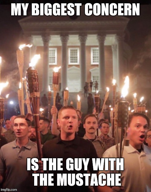 Tiki Torch Nazis | MY BIGGEST CONCERN; IS THE GUY WITH THE MUSTACHE | image tagged in tiki torch nazis | made w/ Imgflip meme maker
